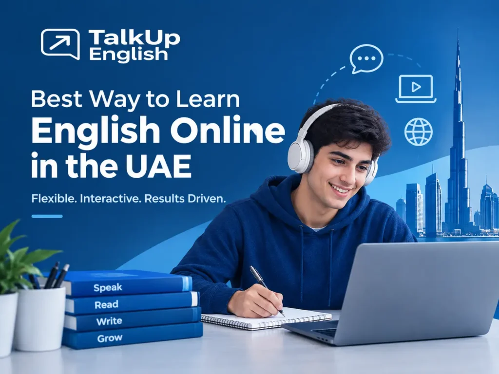 Student learning English online with a laptop in the UAE