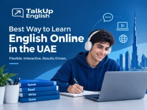 Student learning English online with a laptop in the UAE