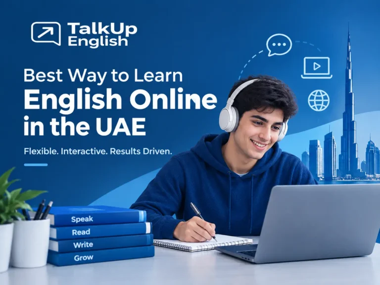 Student learning English online with a laptop in the UAE