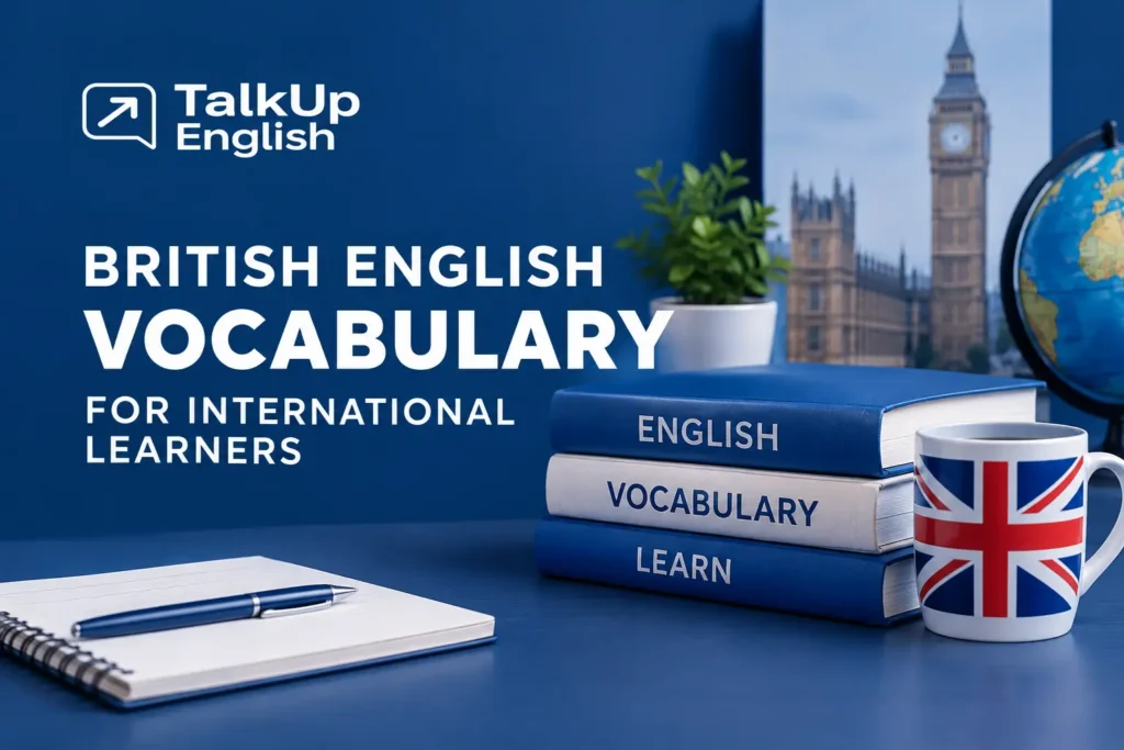 British English vocabulary books with UK-themed study setup