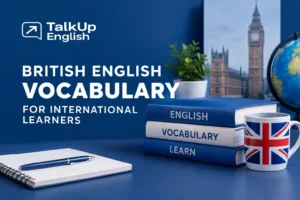 British English vocabulary books with UK-themed study setup