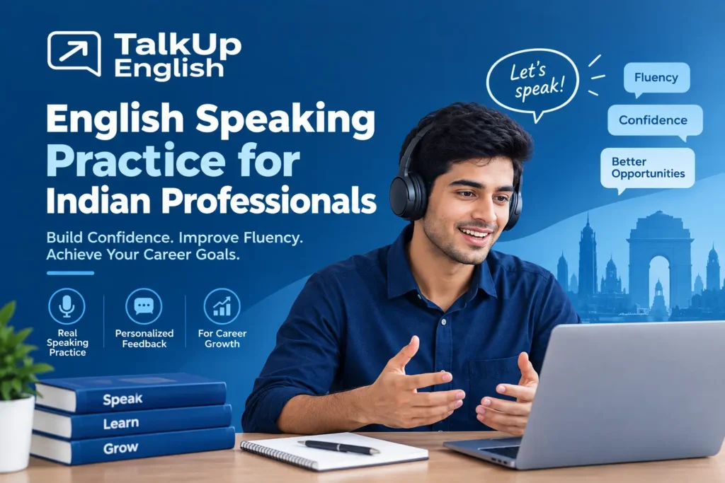 Indian professional practicing English speaking online with a laptop