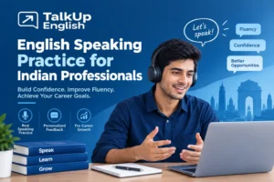 Indian professional practicing English speaking online with a laptop