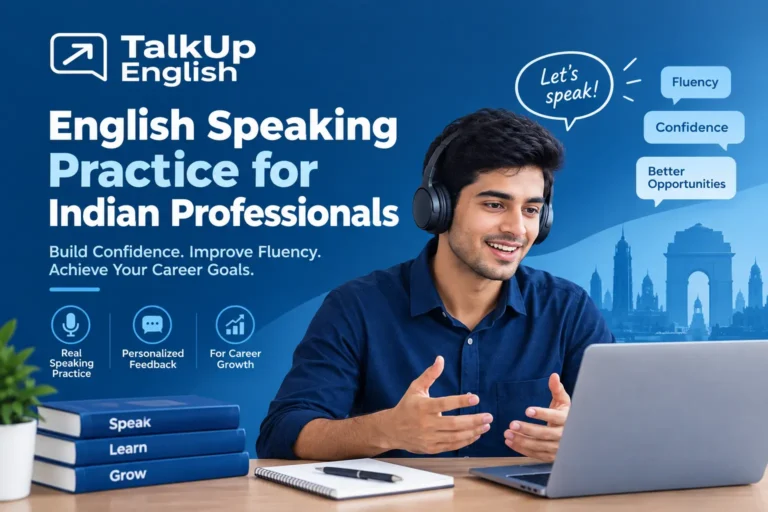 Indian professional practicing English speaking online with a laptop