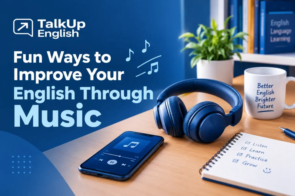 Improve English through music with headphones and learning notes