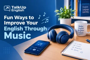 Improve English through music with headphones and learning notes
