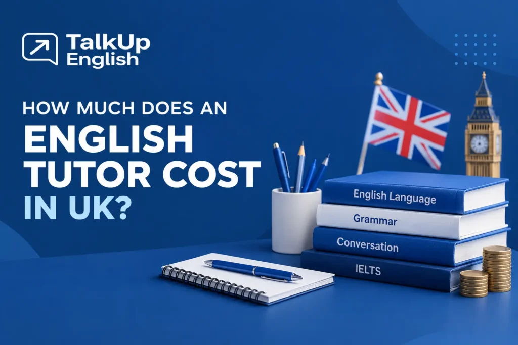English tutor costs in the UK with books and coins