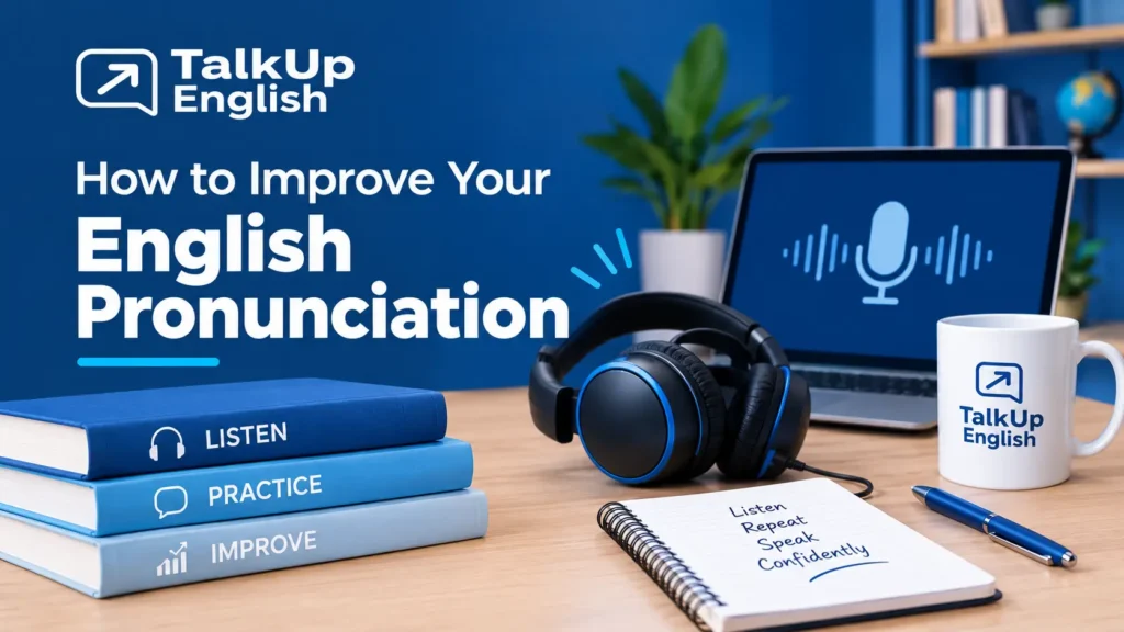 English pronunciation practice with headphones and laptop