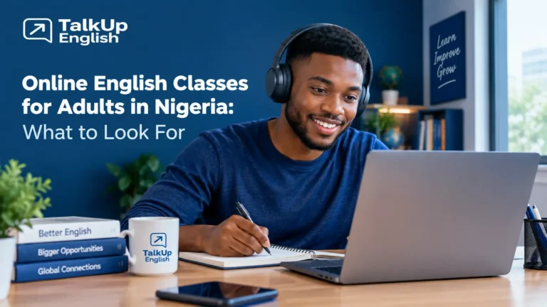 Man attending online English class with laptop and headphones